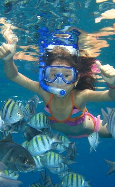 Young girl snorkelling among colourful fish underwater, giving a thumbs up.